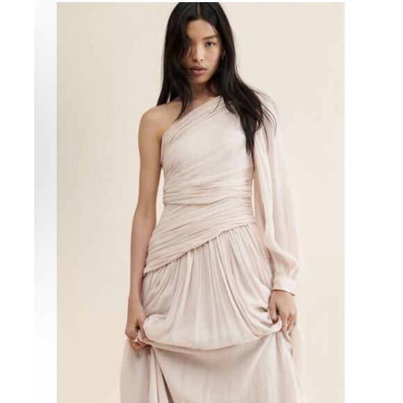 BHLDN Jade Metallic One-Shoulder Asymmetrical-Waist Gown Size 6 - Picture 3 of 9